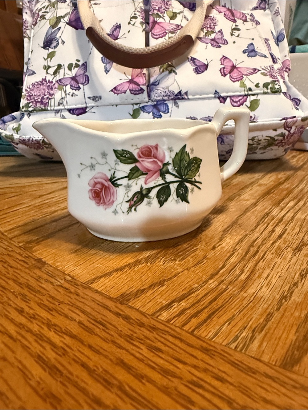 Source Unknown White Porcelain Creamer with Pink Rose and Green Leaves